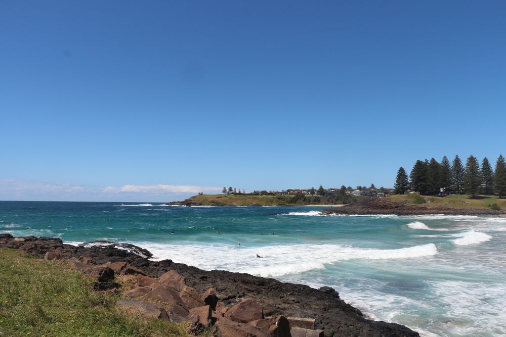 Waves crash against rocky shore under clear blue sky near lush coastal park