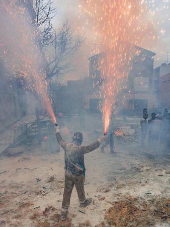 Ibi, Spain - December, 28 2018: People celebrating victory in flour and eggs battle