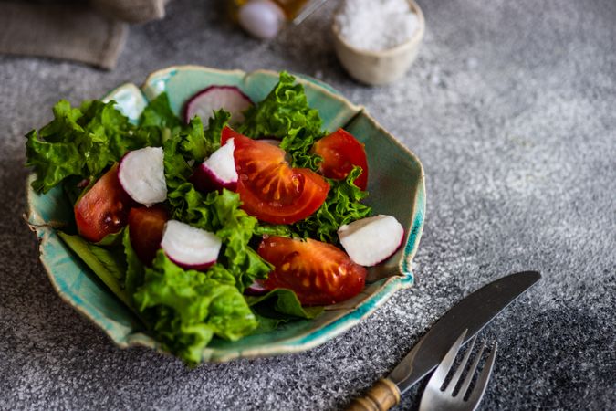 Bowl of salad with tomatoes, radish & lettuce on grey counter