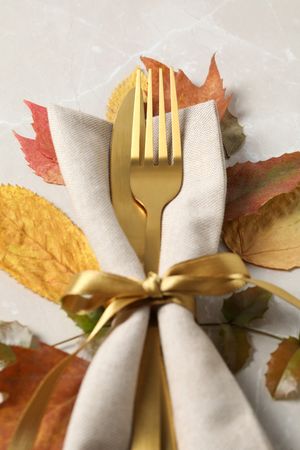 Concept of Thanksgiving day, Autumn table setting, close up