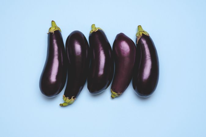 Fresh eggplants arranged in a row