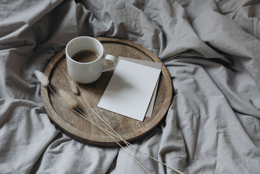 Cup of coffee wooden tray.
