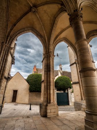 Empty streets of the medieval city of Beaune in Burgundy. The stormy sky