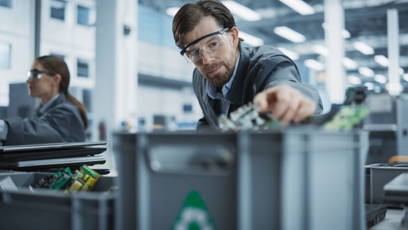 Male And Female Employees Taking Apart Old Laptops To Recycle Components For Sustainable Production Of Electronic Devices At Electronics Factory.