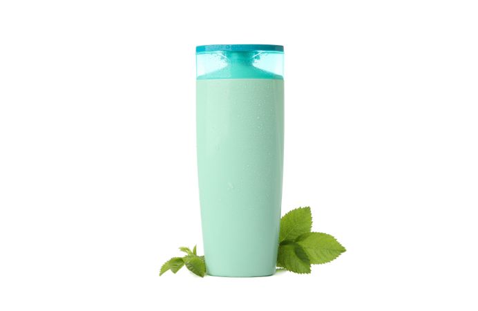 Blank plastic shampoo or lotion bottle isolated on light background