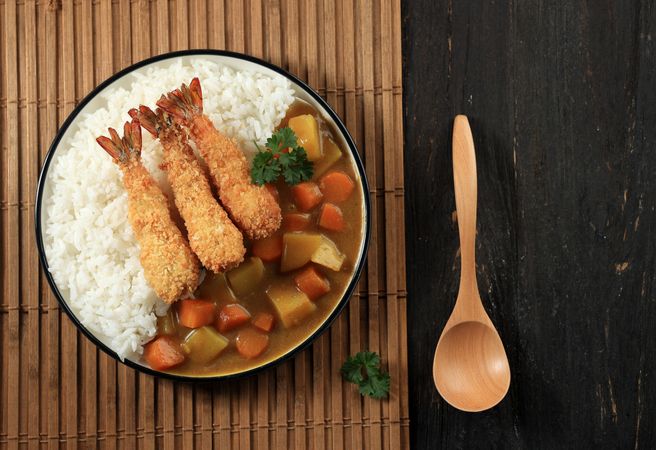 Top View of Japanese Curry with Fried Shrimp Crispy or Ebi Furai