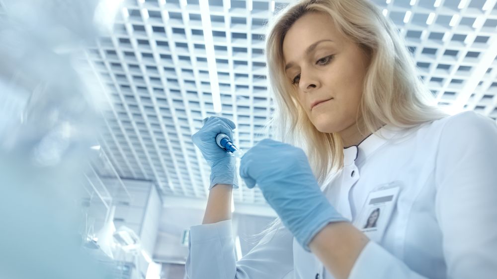 Low Angle Shot of Medical Research Scientist Uses Micropipette to Fill Test Tubes.