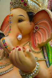 A beautiful idol of Lord Ganpati on display at a workshop in Mumbai, India for the festival of Ganesh Chaturthi