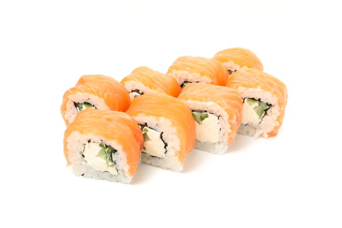 Japanese food. Delicious sushi rolls isolated on light background