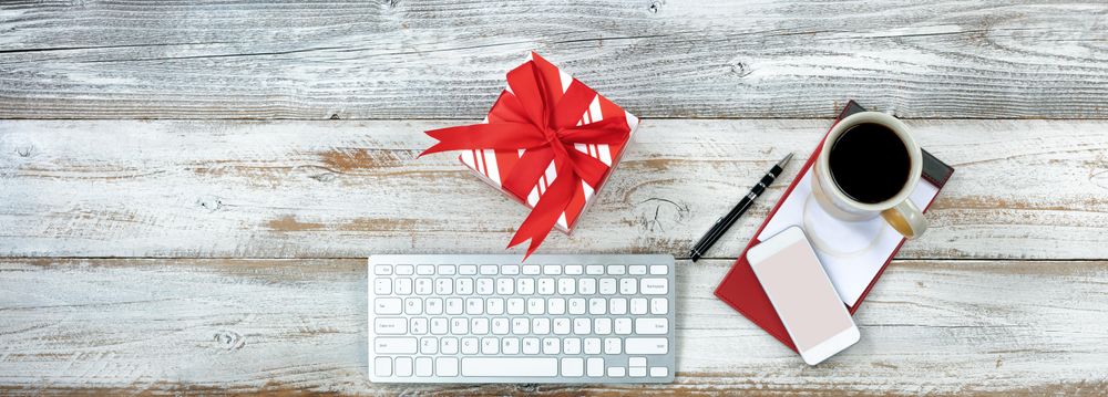 Overhead view of a functional desktop during holiday season concept