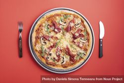Prosciutto pizza on red background 0gzxlb