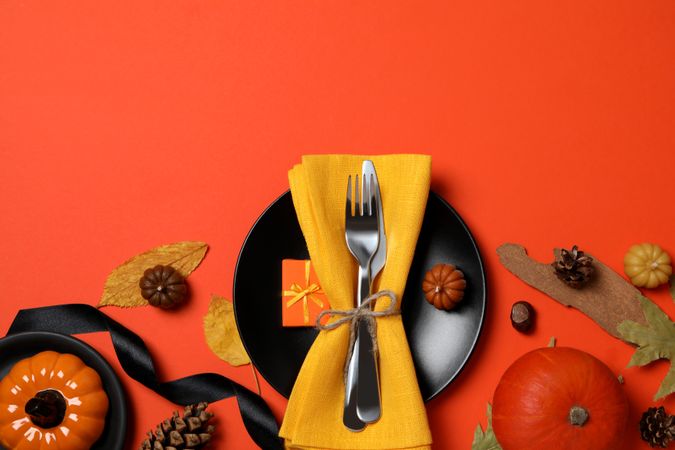 Concept of Thanksgiving day, Autumn table setting, top view
