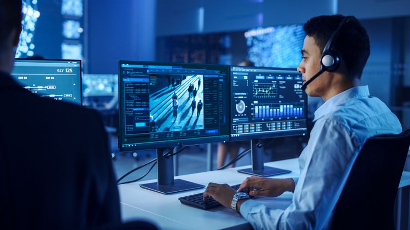 Professional Male Monitors Data on Dual Screens in a High-tech Control Room, Focusing on Security and Analytics. the Environment Enhances Precision and Strategic Decision-making.