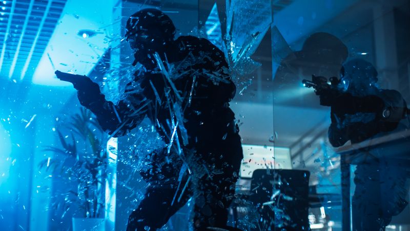 Soldier Breaks a Glass with His Arm and Team Continue to Move and Cover Surroundings.