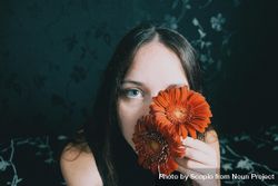 Studio portrait of woman with blue eyes holding gerbera flowers to her left eye 4A8lE5