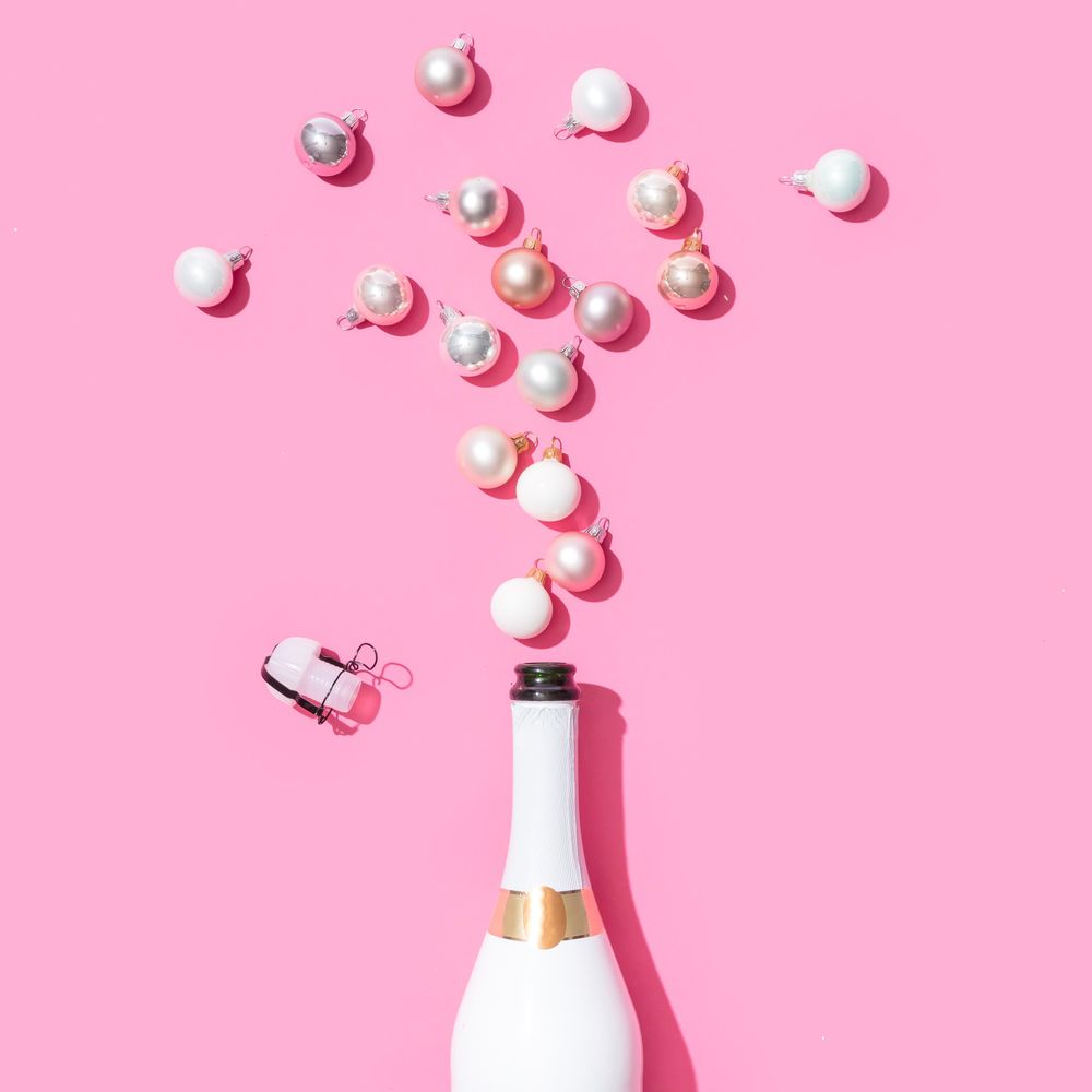 Champagne bottle with pearl and silver baubles