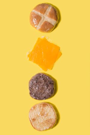 Ingredients of a cheese burger wrapped in plastic