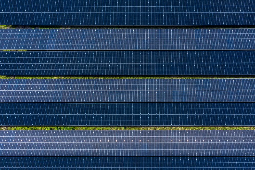 Solar panels above view close up, drone point of view