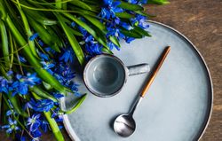 Top view of spring table setting with blue scilla siberica