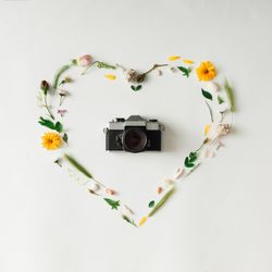 Heart shape made of yellow flowers and leaves with camera
