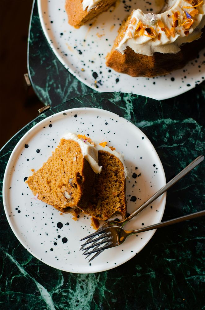 Slice of Carrot Cake on Marble Plate