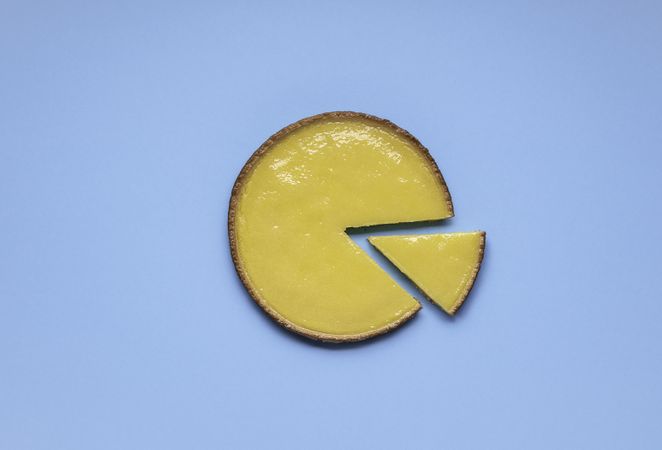 Overhead lemon pie on periwinkle background