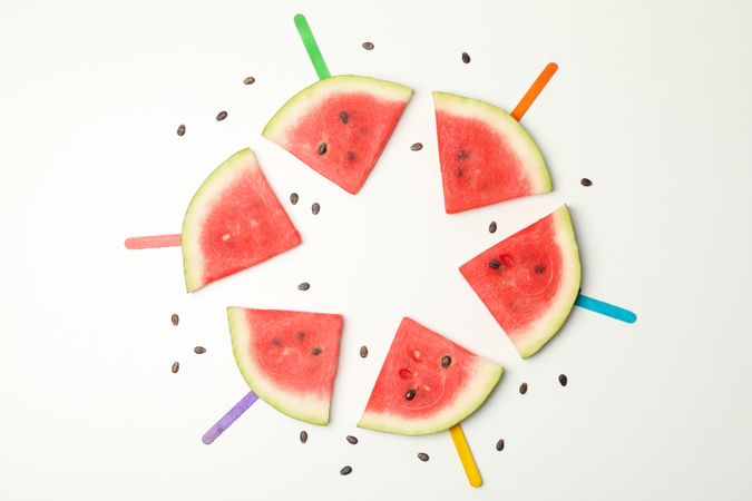 Composition with fresh watermelon slices on blank background, top view
