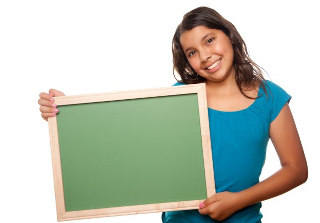 Hispanic Girl Holding Blank Chalkboard