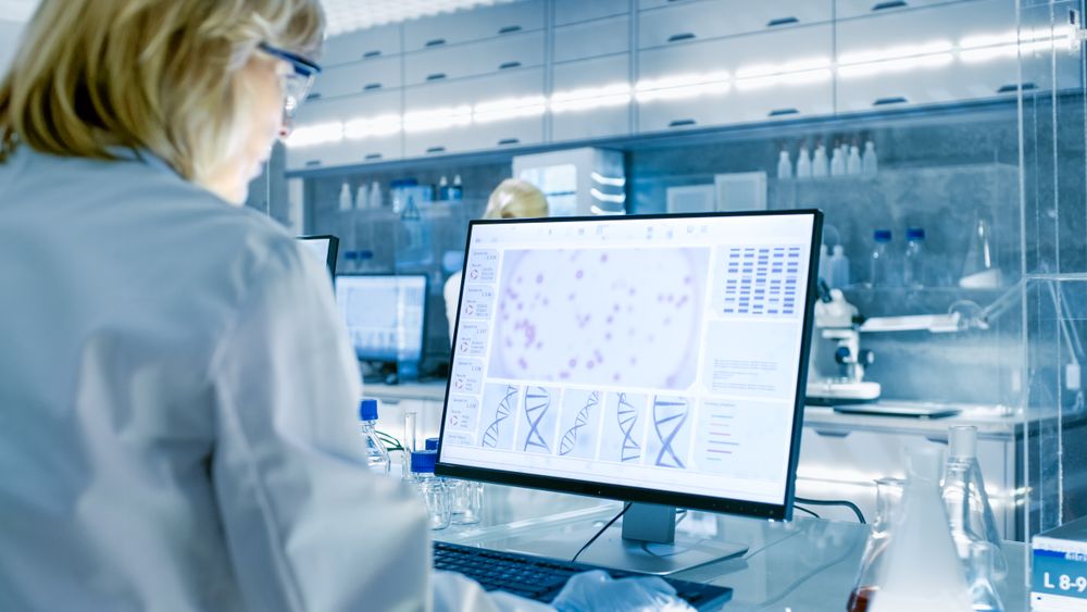 Mature Female Scientist Working on her Computers In Big Modern Laboratory.
