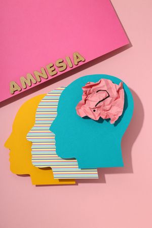Vertical flat lay of paper cut outs of colorful head on pink background with the word “Amnesia”