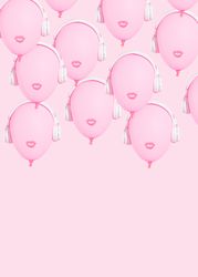 Many pink balloons with lips wearing headphones with copy space