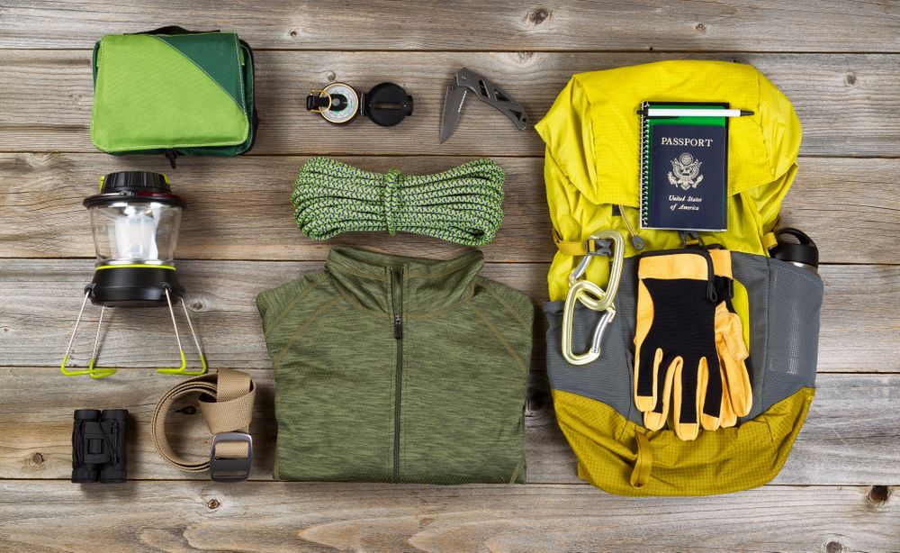 Climbing gear for hiking on rustic wood