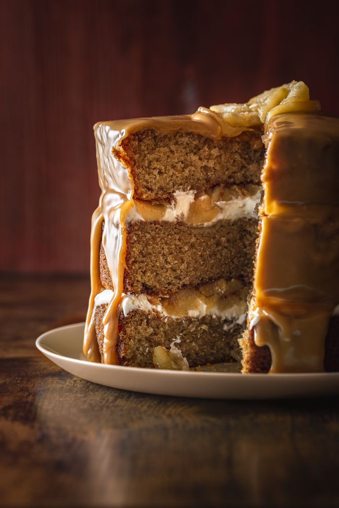 Sliced layered cream and apple cake