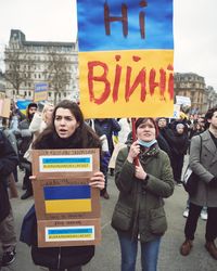 London, England, United Kingdom - March 5 2022: Two women with signed at anti-war protest