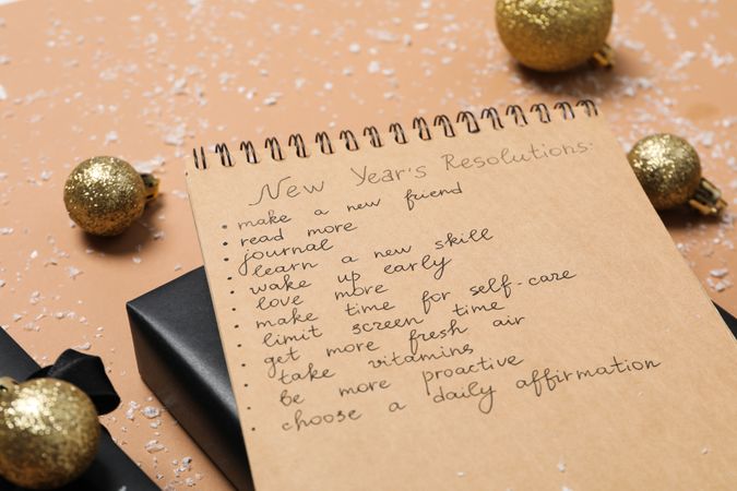 Concept of New Year Resolutions list, new year goals, close up