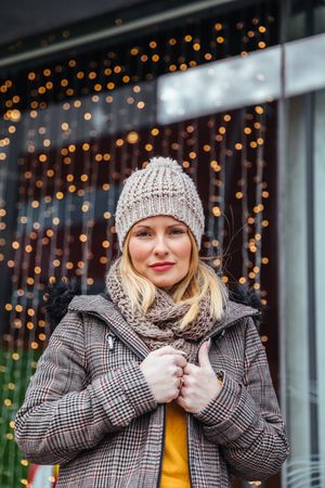 Portrait of blonde woman in the city