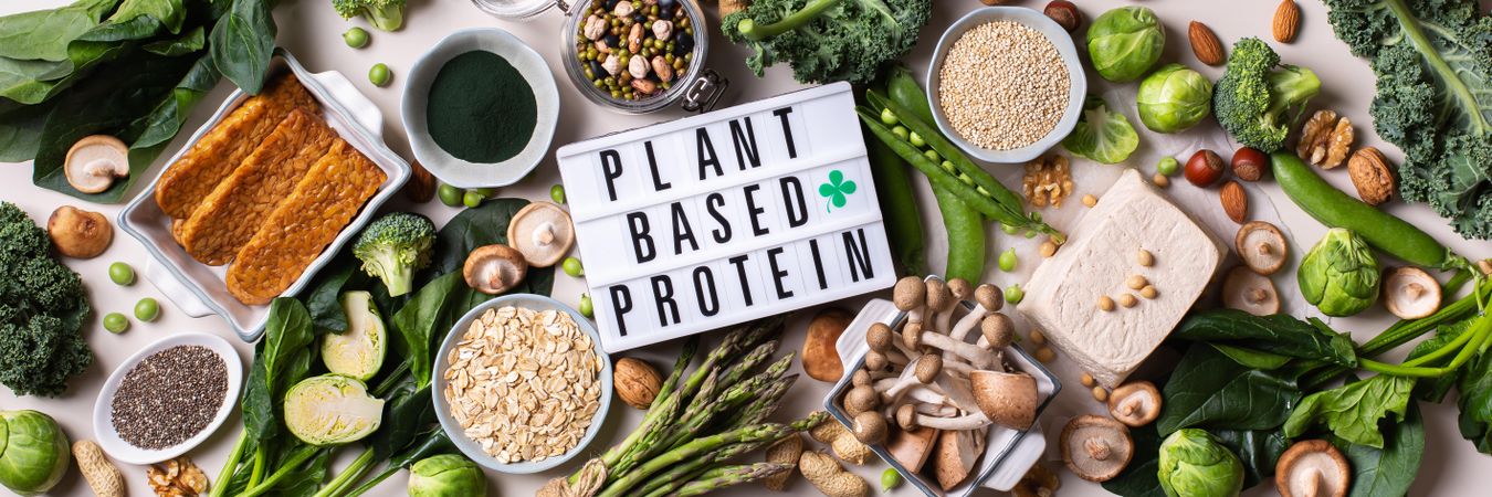 Healthy vegan, plant based protein source and body building food, wide with “Plant Based” sign