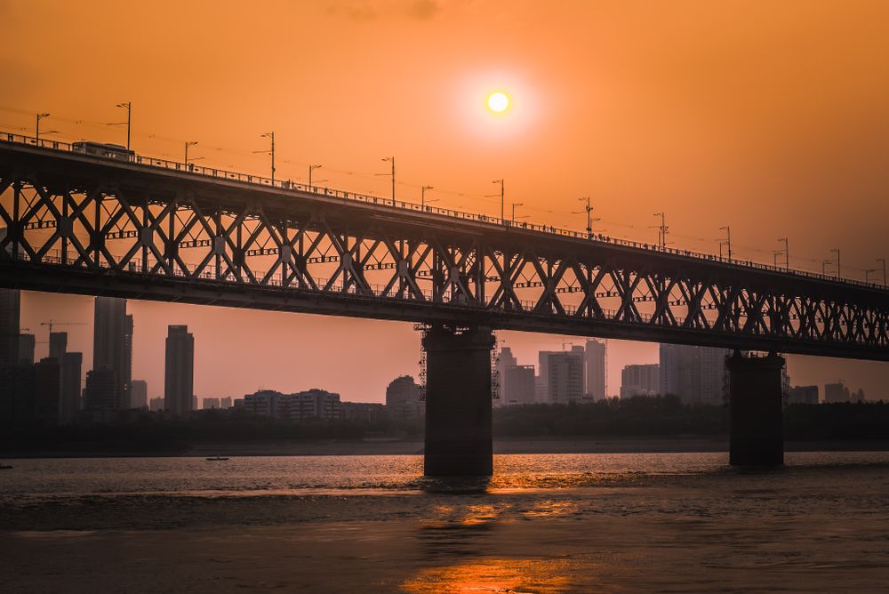 Bridge over river during sunset