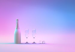Champagne bottle with glasses ultraviolet and holographic neon lights
