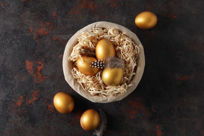 Pension rewards, returns and investment funding concepts, golden eggs