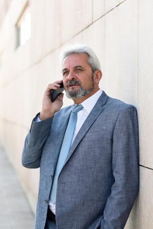 Grey haired male in formal suit talking on phone outside building, vertical