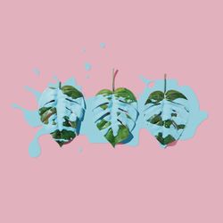 Blue paint splatter over tropical leaves on pink pastel