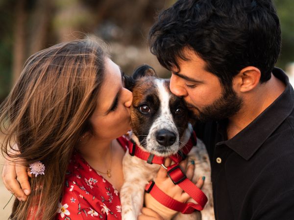 Happy couple with friendly cute dog outdoors