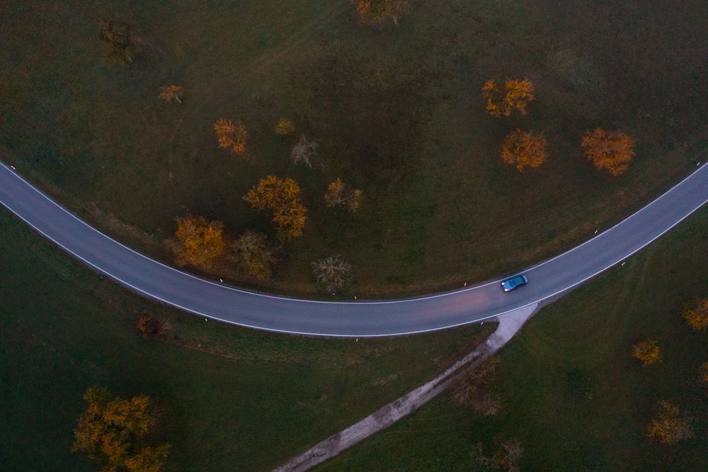 Drone shot with a road crossing an autumn orchard on a cold morning in October