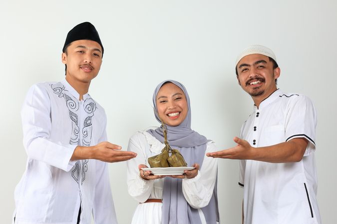 Three Asian People Happy Face Smilling Celebrating Eid Mubarak