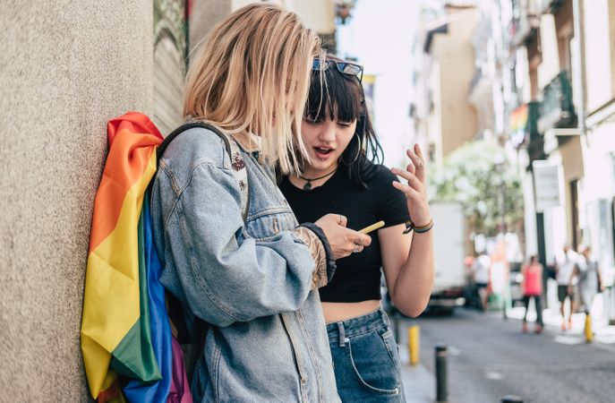 Lesbian couple on the mobile phone on street