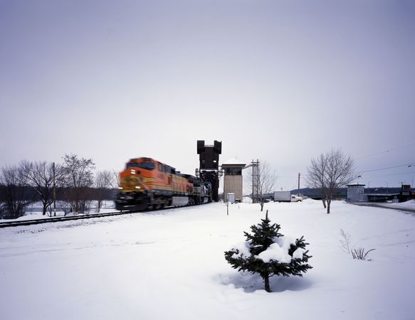 Passing train on winter day in Prescott, Wisconsin
