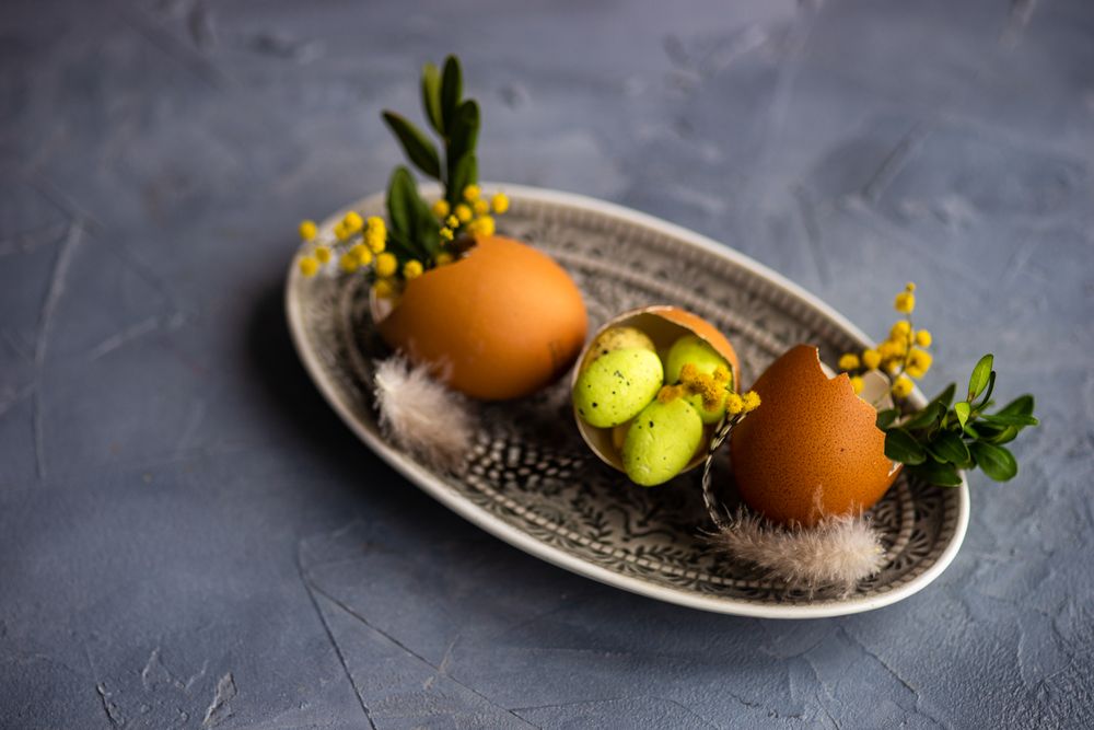 Decorative egg shells with foliage and feather on patterned plate