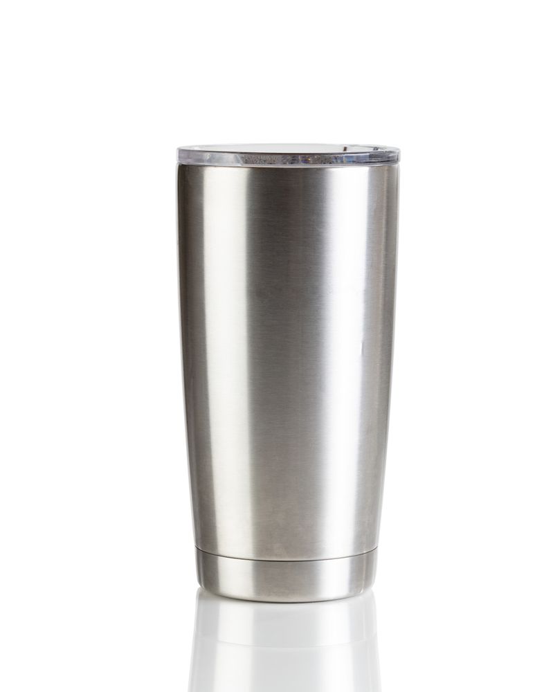 Stainless steel cup on a plain background setting