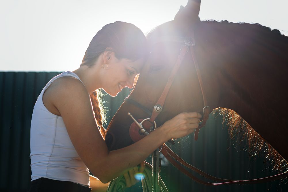 Woman taking care of his brown horse in an equestrian center